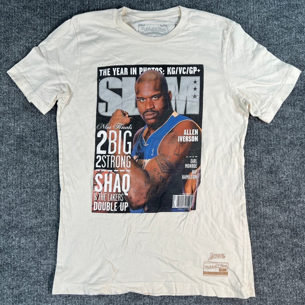 Mitchell & Ness SLAM T-Shirt Womens M Cream Shaq Lakers 2 Big 2 Strong Graphic